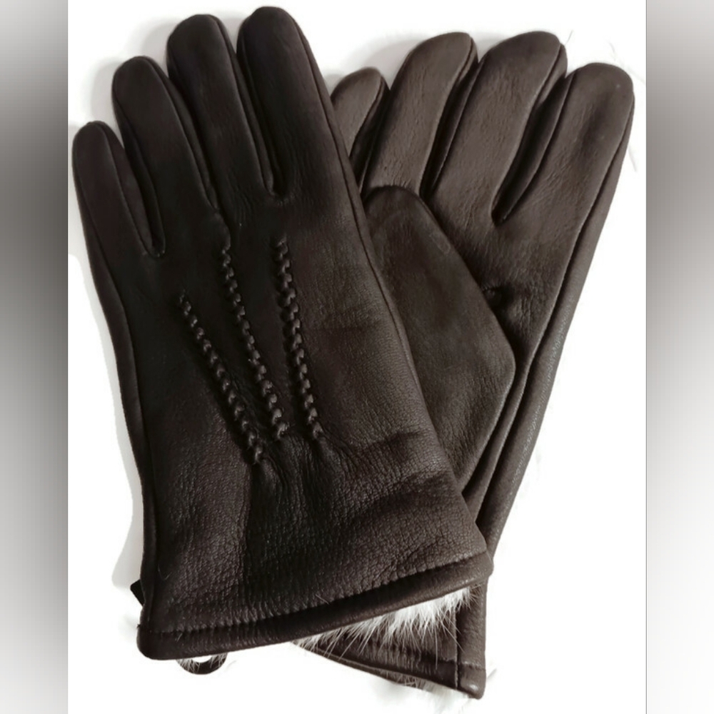 MEN'S WHITE RABBIT FUR LEATHER GLOVES, BROWN